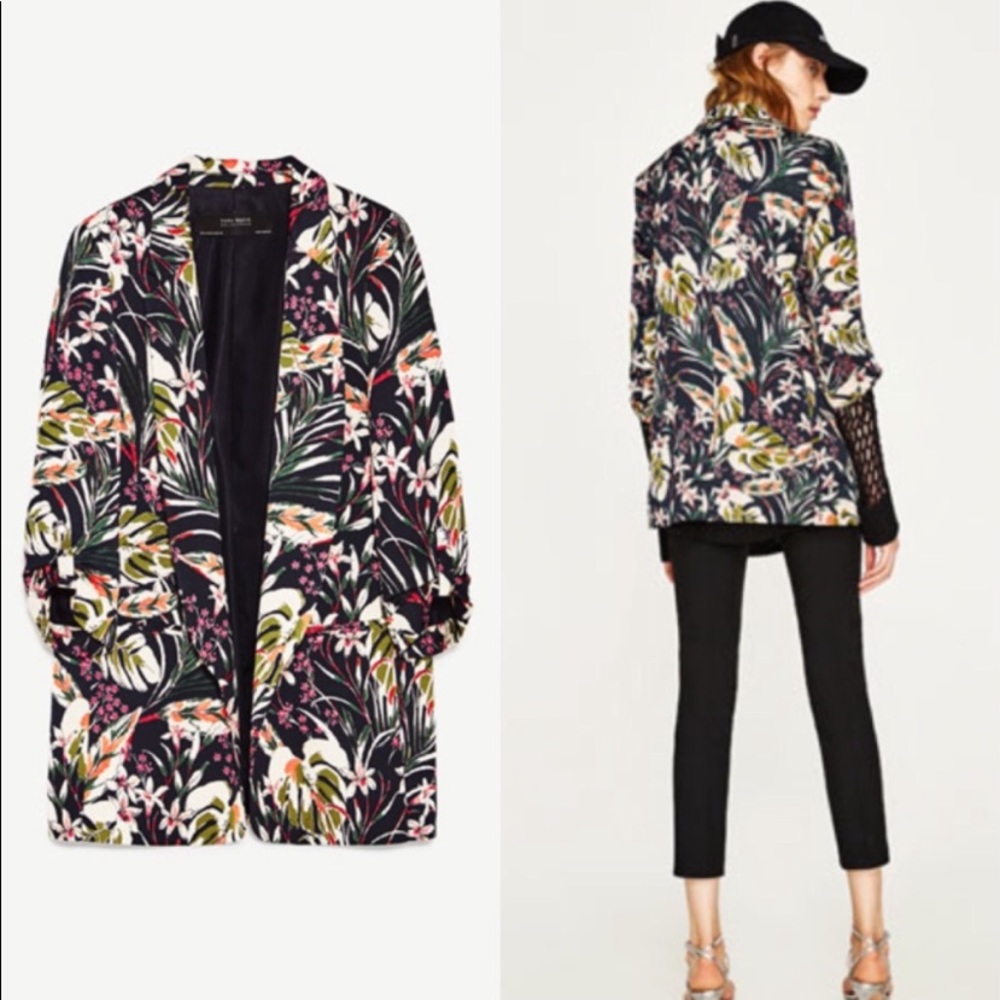 Zara Floral Tropical Long Open Blazer